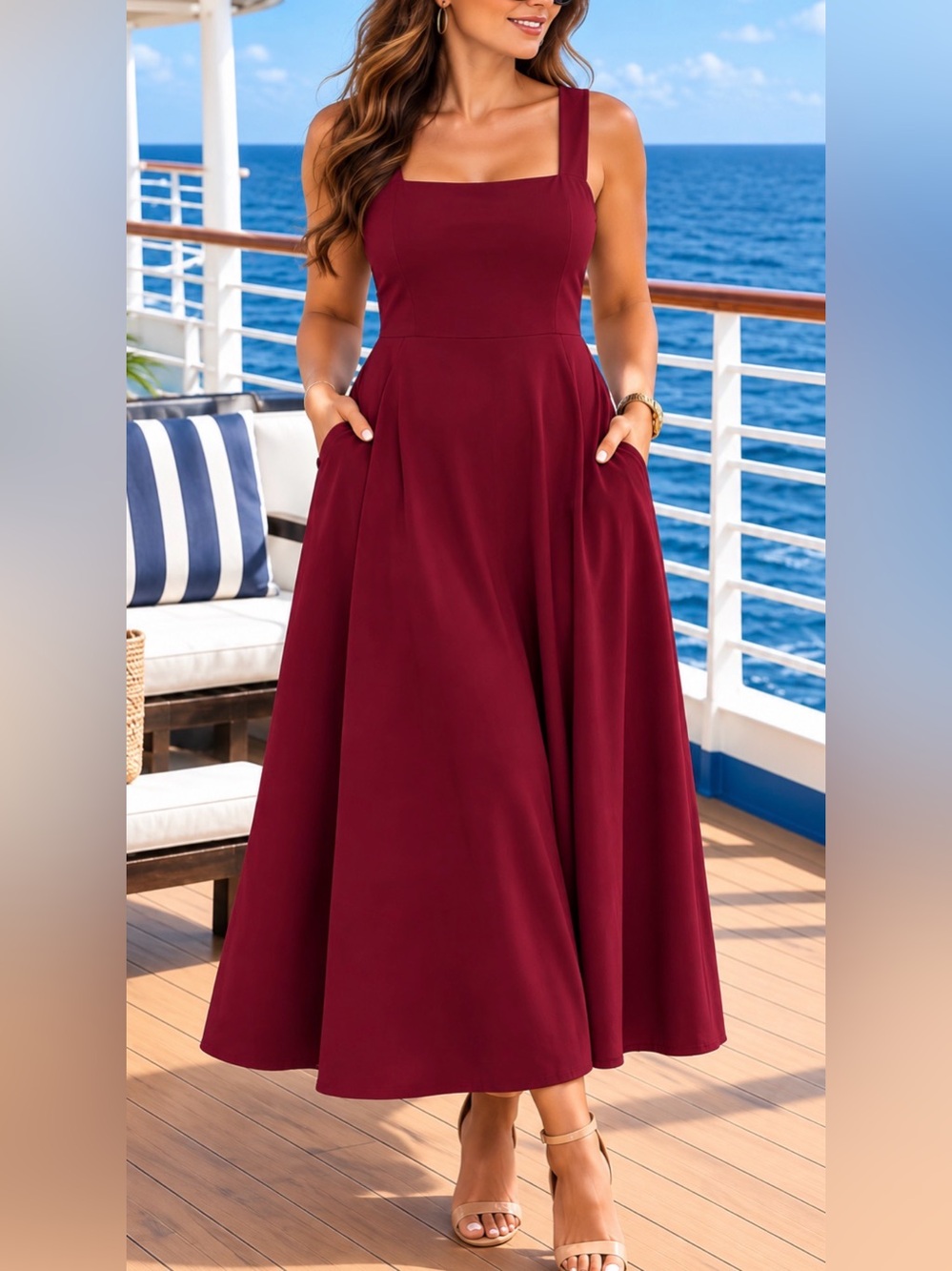 OYS~Sleeveless Burgundy Midi Dress with Pockets.